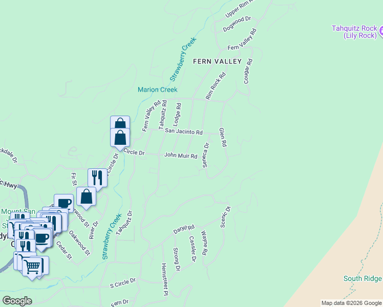 map of restaurants, bars, coffee shops, grocery stores, and more near 55250 John Muir Road in Idyllwild-Pine Cove