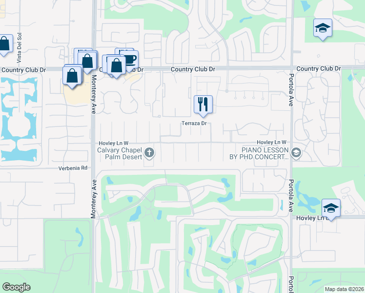 map of restaurants, bars, coffee shops, grocery stores, and more near 40861 Avenue Solana in Palm Desert