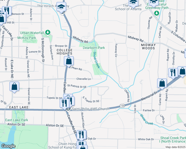 map of restaurants, bars, coffee shops, grocery stores, and more near 490 East Pharr Road in Decatur
