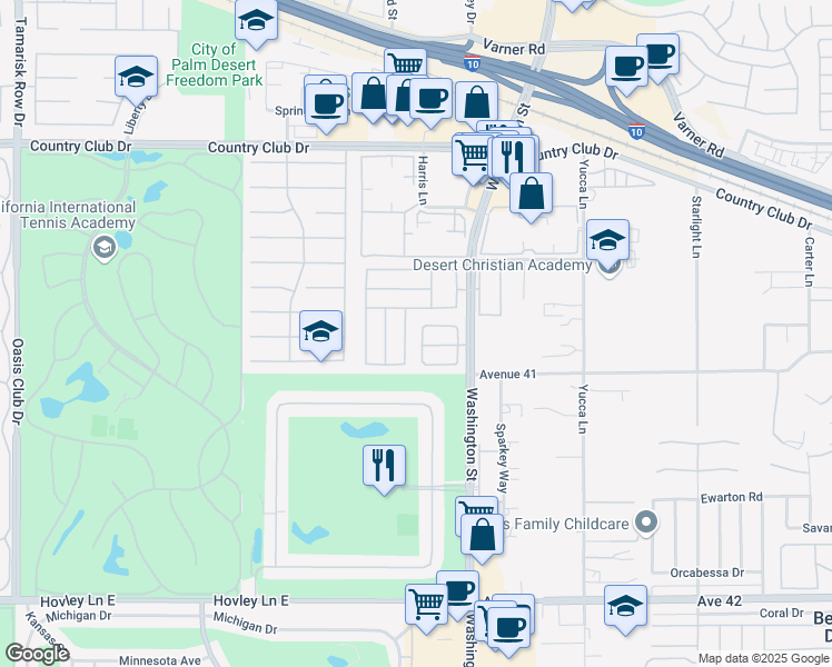 map of restaurants, bars, coffee shops, grocery stores, and more near 40785 Breezy Pass Road in Palm Desert