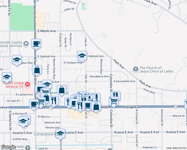 map of restaurants, bars, coffee shops, grocery stores, and more near 2176 East Devonshire Avenue in Hemet