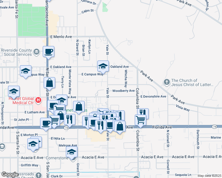map of restaurants, bars, coffee shops, grocery stores, and more near 2176 East Devonshire Avenue in Hemet