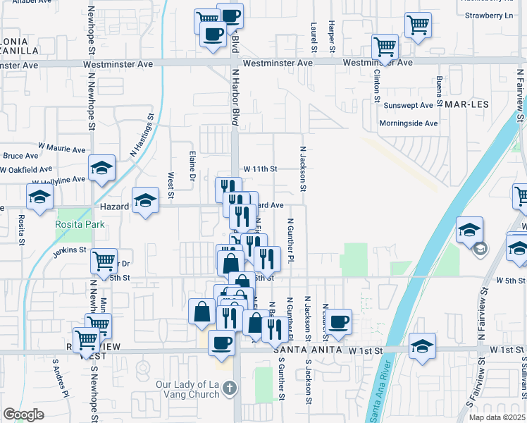 map of restaurants, bars, coffee shops, grocery stores, and more near 722 North Bewley Street in Santa Ana