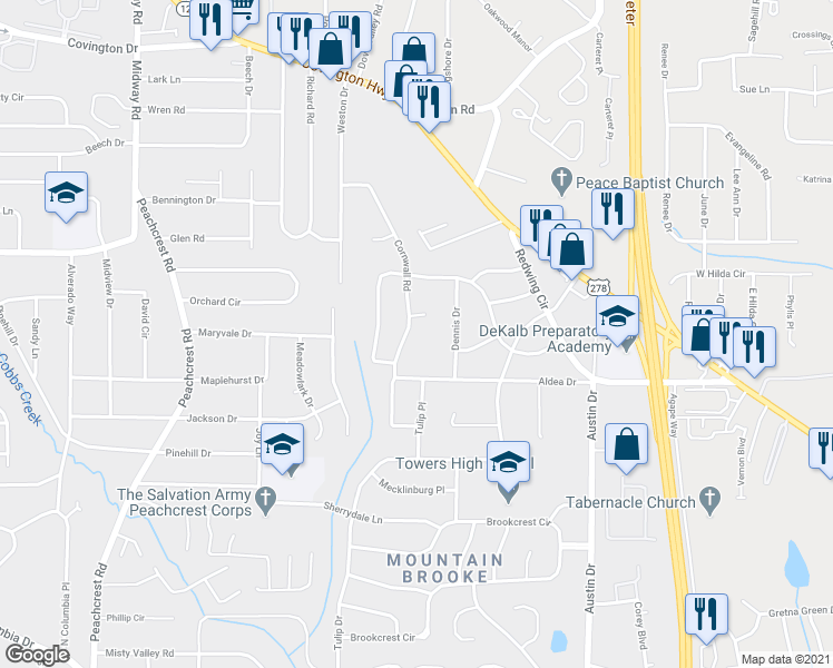 map of restaurants, bars, coffee shops, grocery stores, and more near 1426 Cornwall Road in Decatur