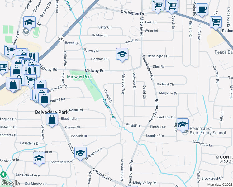 map of restaurants, bars, coffee shops, grocery stores, and more near 1406 Sandy Lane in Decatur