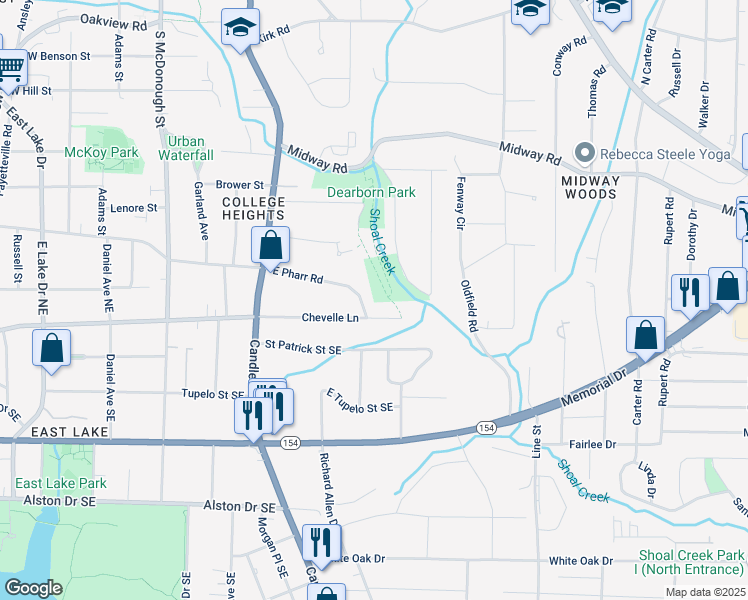 map of restaurants, bars, coffee shops, grocery stores, and more near 490 East Pharr Road in Decatur