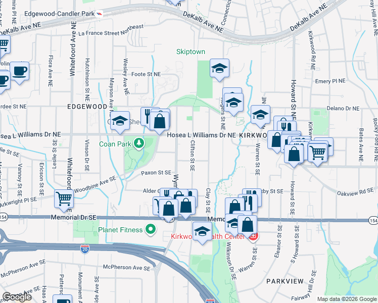 map of restaurants, bars, coffee shops, grocery stores, and more near 68 Clifton Street Southeast in Atlanta