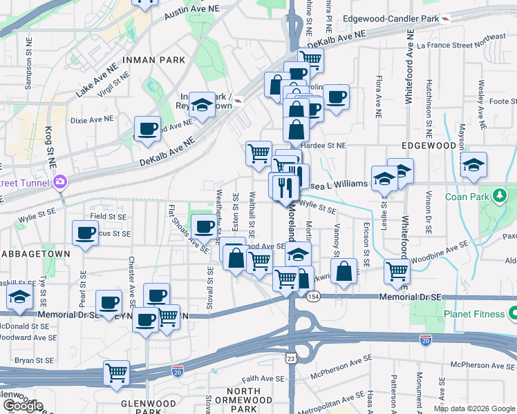 map of restaurants, bars, coffee shops, grocery stores, and more near 87 Cleveland Street Southeast in Atlanta