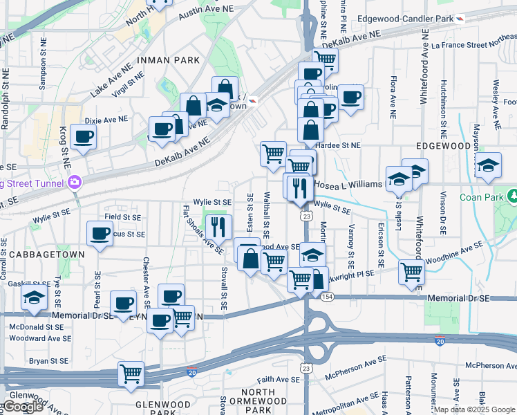 map of restaurants, bars, coffee shops, grocery stores, and more near 1065 Wylie Street Southeast in Atlanta