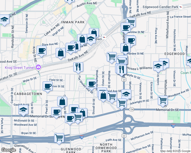 map of restaurants, bars, coffee shops, grocery stores, and more near 79 Weatherby Street Southeast in Atlanta