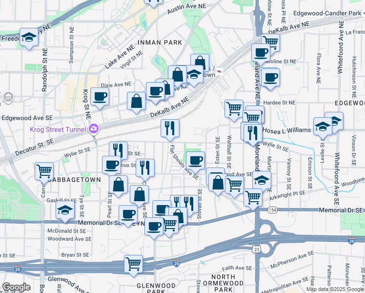 map of restaurants, bars, coffee shops, grocery stores, and more near 100 Flat Shoals Avenue Southeast in Atlanta