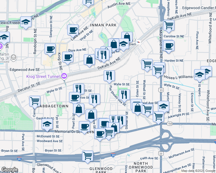 map of restaurants, bars, coffee shops, grocery stores, and more near 97 Kenyon Street Southeast in Atlanta