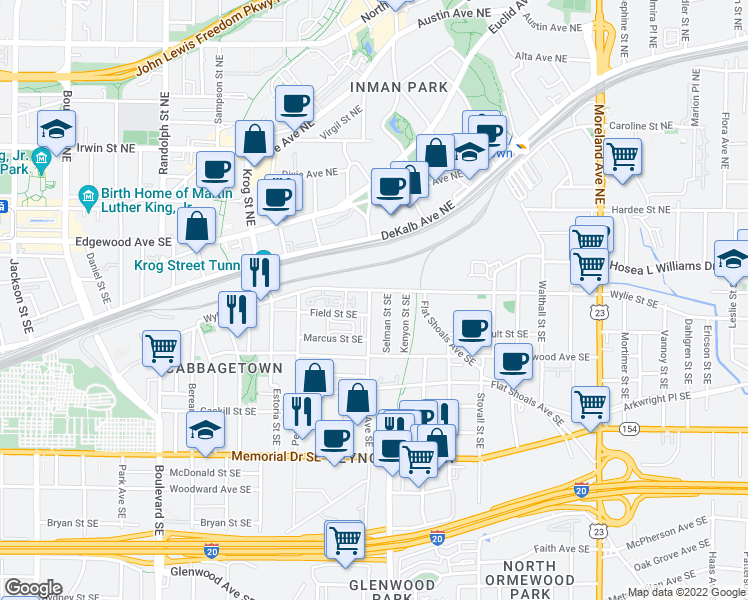 map of restaurants, bars, coffee shops, grocery stores, and more near 87 Selman Street Southeast in Atlanta