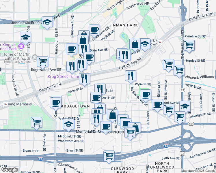 map of restaurants, bars, coffee shops, grocery stores, and more near 791 Wylie Street Southeast in Atlanta