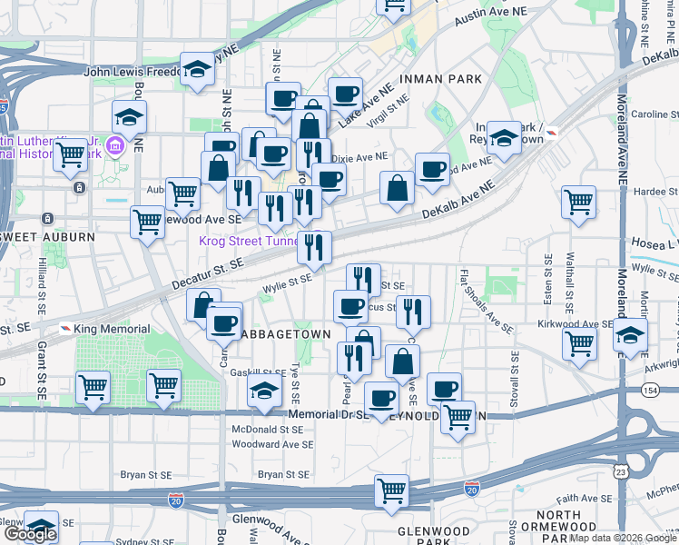 map of restaurants, bars, coffee shops, grocery stores, and more near 751 Wylie Street Southeast in Atlanta