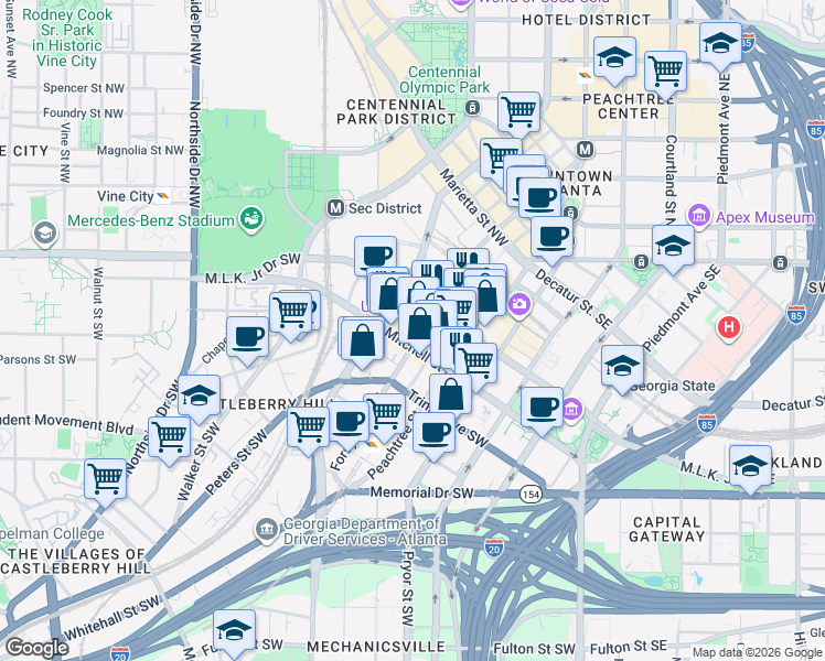 map of restaurants, bars, coffee shops, grocery stores, and more near 95 Forsyth Street Southwest in Atlanta