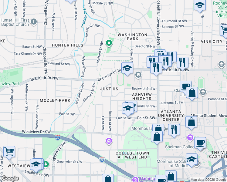 map of restaurants, bars, coffee shops, grocery stores, and more near 1127 Fountain Drive Southwest in Atlanta