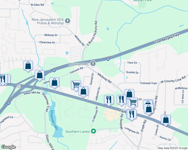 map of restaurants, bars, coffee shops, grocery stores, and more near 1953 Midway Road in Douglasville
