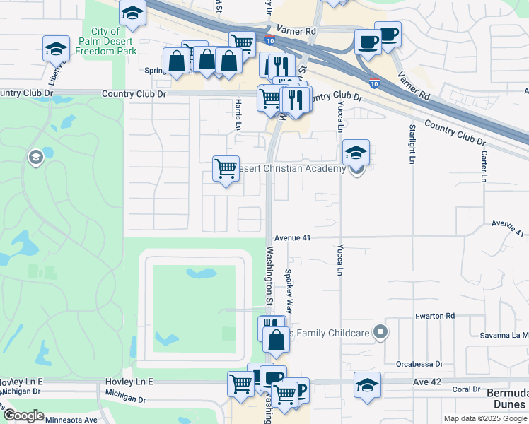 map of restaurants, bars, coffee shops, grocery stores, and more near 40975 Sandy Gale Lane in Palm Desert