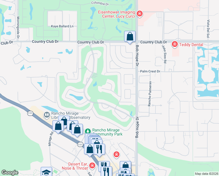 map of restaurants, bars, coffee shops, grocery stores, and more near 14 Seville Drive in Rancho Mirage