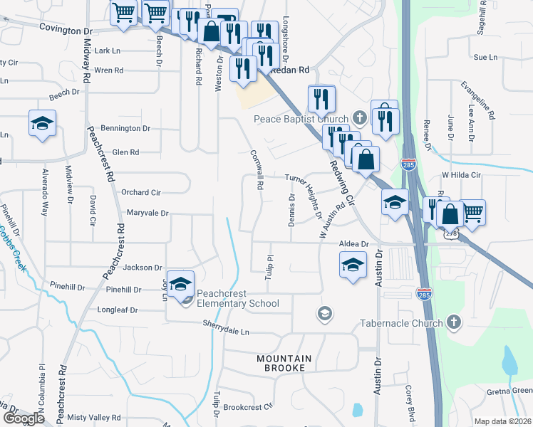 map of restaurants, bars, coffee shops, grocery stores, and more near 1426 Cornwall Road in Decatur