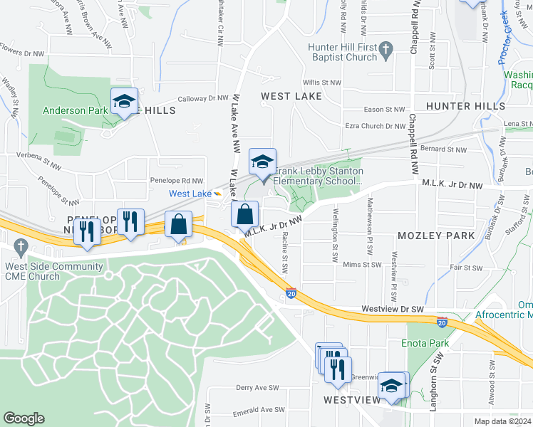 map of restaurants, bars, coffee shops, grocery stores, and more near 1690 Browning Street Southwest in Atlanta