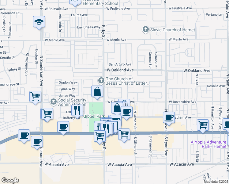 map of restaurants, bars, coffee shops, grocery stores, and more near 2354 Antigua Court in Hemet