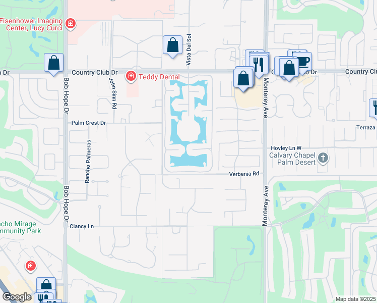 map of restaurants, bars, coffee shops, grocery stores, and more near 125 Lakeshore Drive in Rancho Mirage