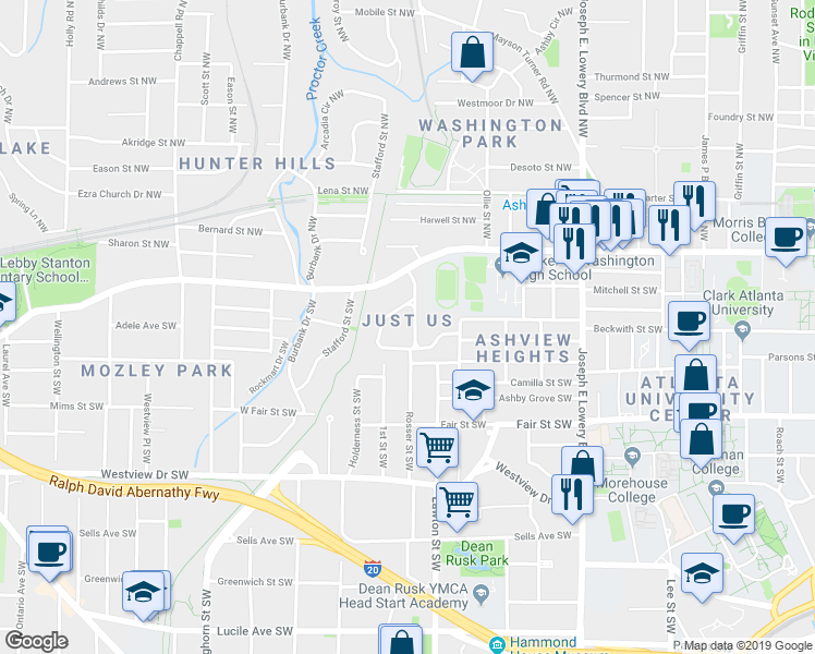 map of restaurants, bars, coffee shops, grocery stores, and more near 91 Morris Brown Drive Southwest in Atlanta