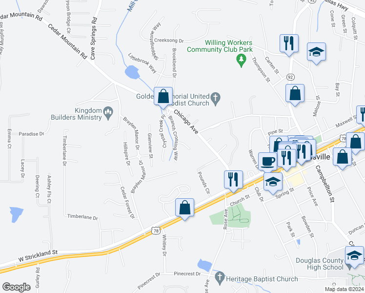 map of restaurants, bars, coffee shops, grocery stores, and more near 8337 Ramblin Court in Douglasville