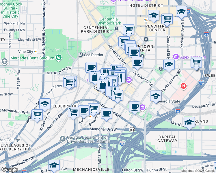 map of restaurants, bars, coffee shops, grocery stores, and more near 117 Peachtree Street in Atlanta