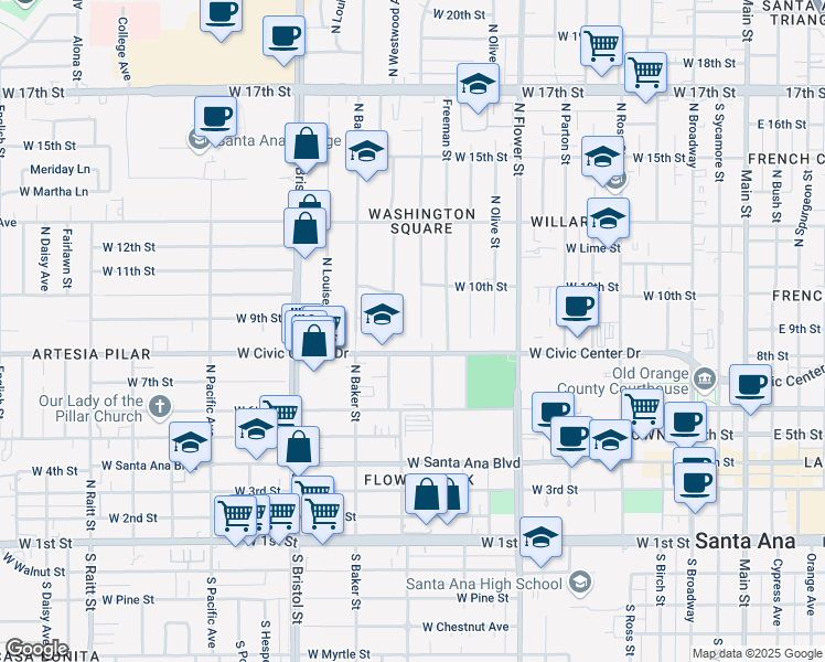 map of restaurants, bars, coffee shops, grocery stores, and more near 816 North Towner Street in Santa Ana