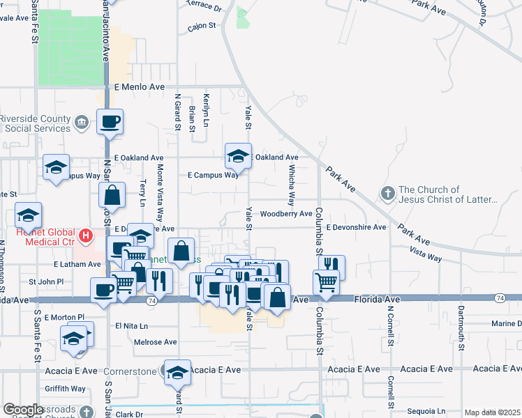 map of restaurants, bars, coffee shops, grocery stores, and more near 2154 Woodberry Avenue in Hemet
