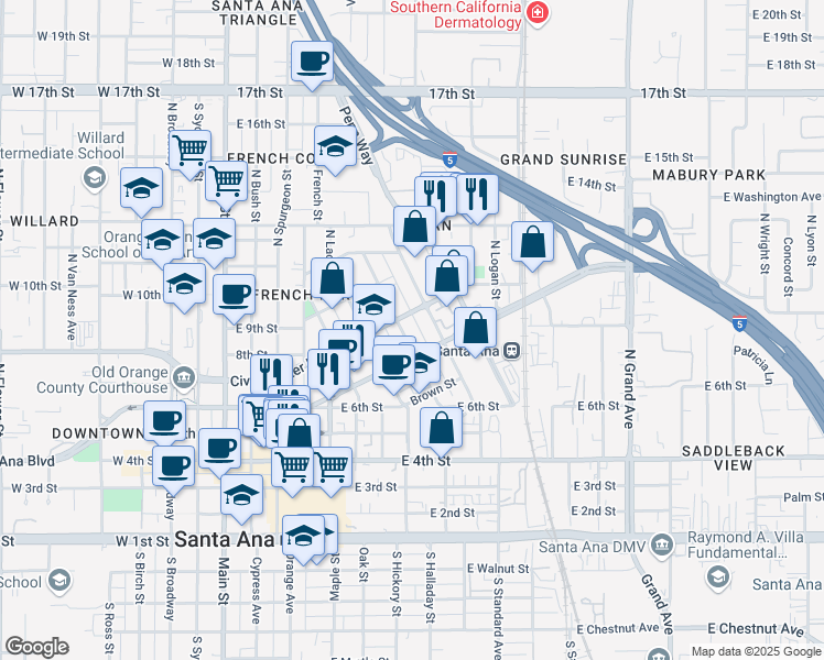 map of restaurants, bars, coffee shops, grocery stores, and more near 717 North Garfield Street in Santa Ana