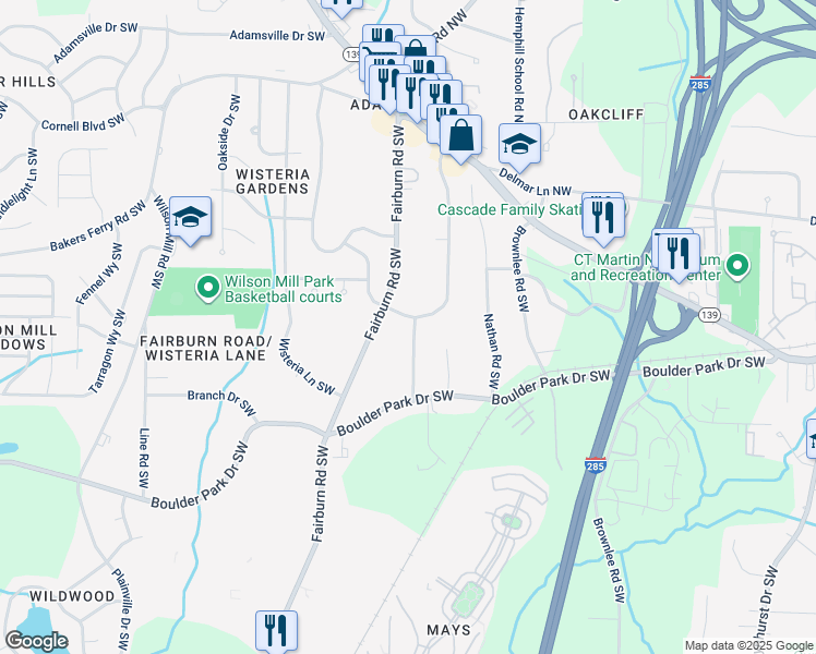 map of restaurants, bars, coffee shops, grocery stores, and more near 243 Howell Terrace Southwest in Atlanta
