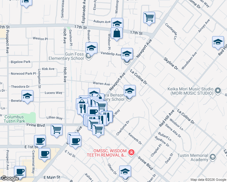 map of restaurants, bars, coffee shops, grocery stores, and more near 12700 Newport Avenue in Tustin