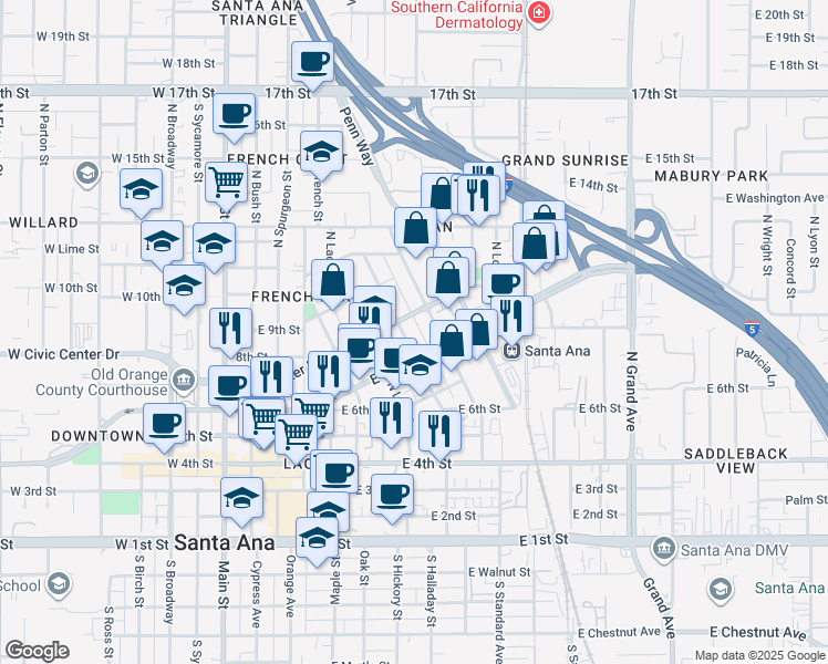 map of restaurants, bars, coffee shops, grocery stores, and more near 807 North Garfield Street in Santa Ana