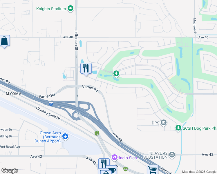 map of restaurants, bars, coffee shops, grocery stores, and more near 80242 Camino Santa Elise in Indio