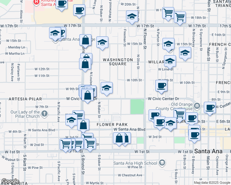 map of restaurants, bars, coffee shops, grocery stores, and more near 816 North Towner Street in Santa Ana