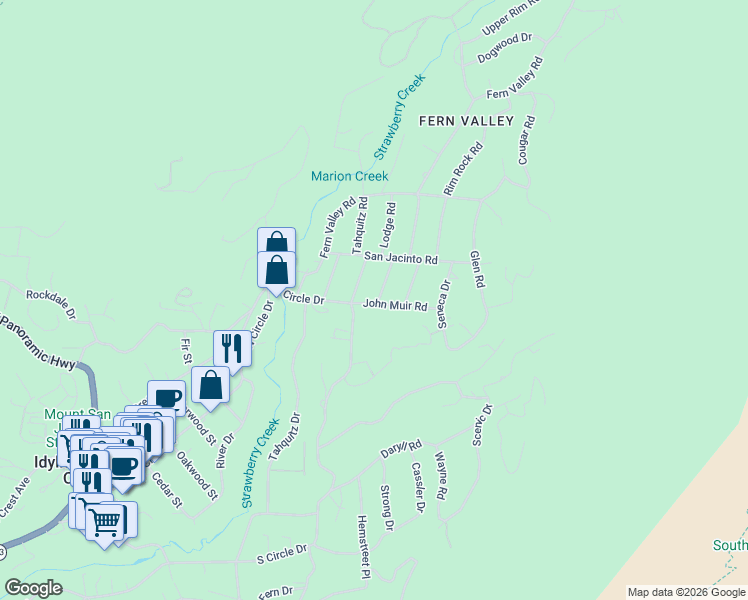 map of restaurants, bars, coffee shops, grocery stores, and more near 25495 Palomar Road in Idyllwild-Pine Cove