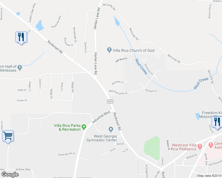 map of restaurants, bars, coffee shops, grocery stores, and more near 1002 Buckeye Lane in Villa Rica