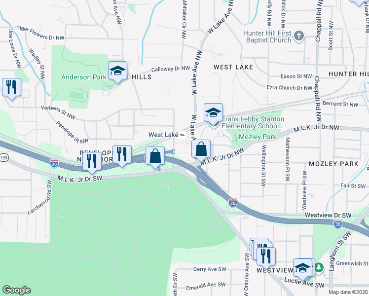 map of restaurants, bars, coffee shops, grocery stores, and more near 80 Anderson Avenue Southwest in Atlanta