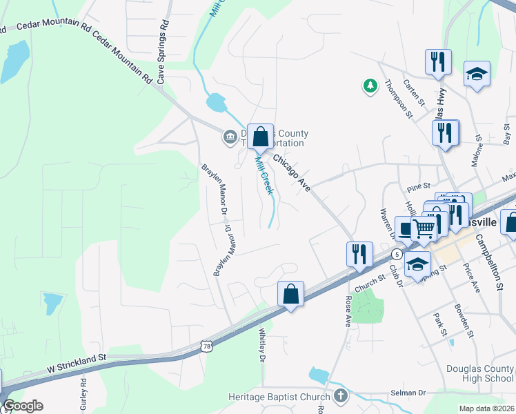 map of restaurants, bars, coffee shops, grocery stores, and more near 7141 Crystal Creek Place in Douglasville