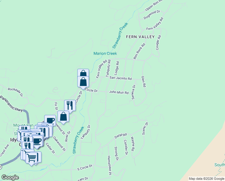 map of restaurants, bars, coffee shops, grocery stores, and more near 25430 Palomar Road in Idyllwild-Pine Cove