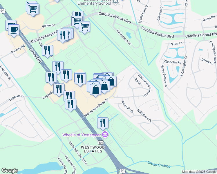 map of restaurants, bars, coffee shops, grocery stores, and more near 4618 Factory Stores Boulevard in Myrtle Beach