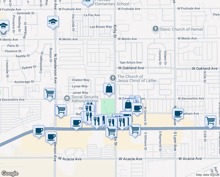 map of restaurants, bars, coffee shops, grocery stores, and more near 425 North Kirby Street in Hemet