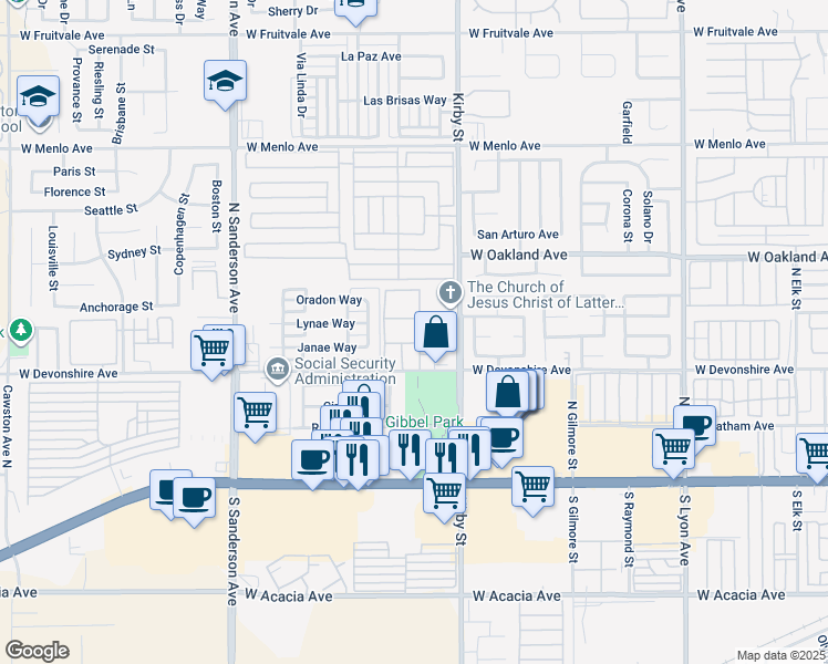 map of restaurants, bars, coffee shops, grocery stores, and more near 2770 West Devonshire Avenue in Hemet