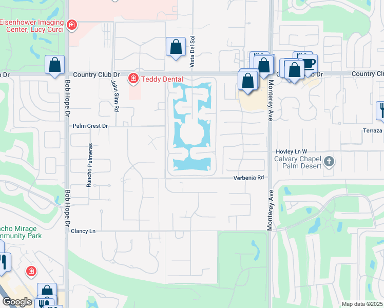 map of restaurants, bars, coffee shops, grocery stores, and more near 125 Lakeshore Drive in Rancho Mirage