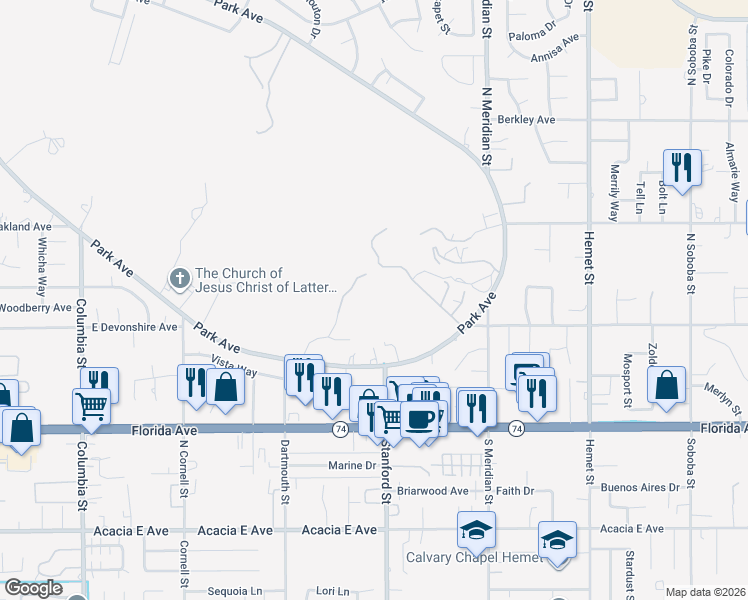 map of restaurants, bars, coffee shops, grocery stores, and more near 300 Anderson Drive in Hemet