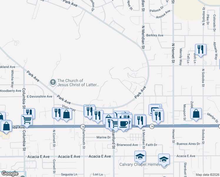 map of restaurants, bars, coffee shops, grocery stores, and more near 300 Anderson Drive in Hemet